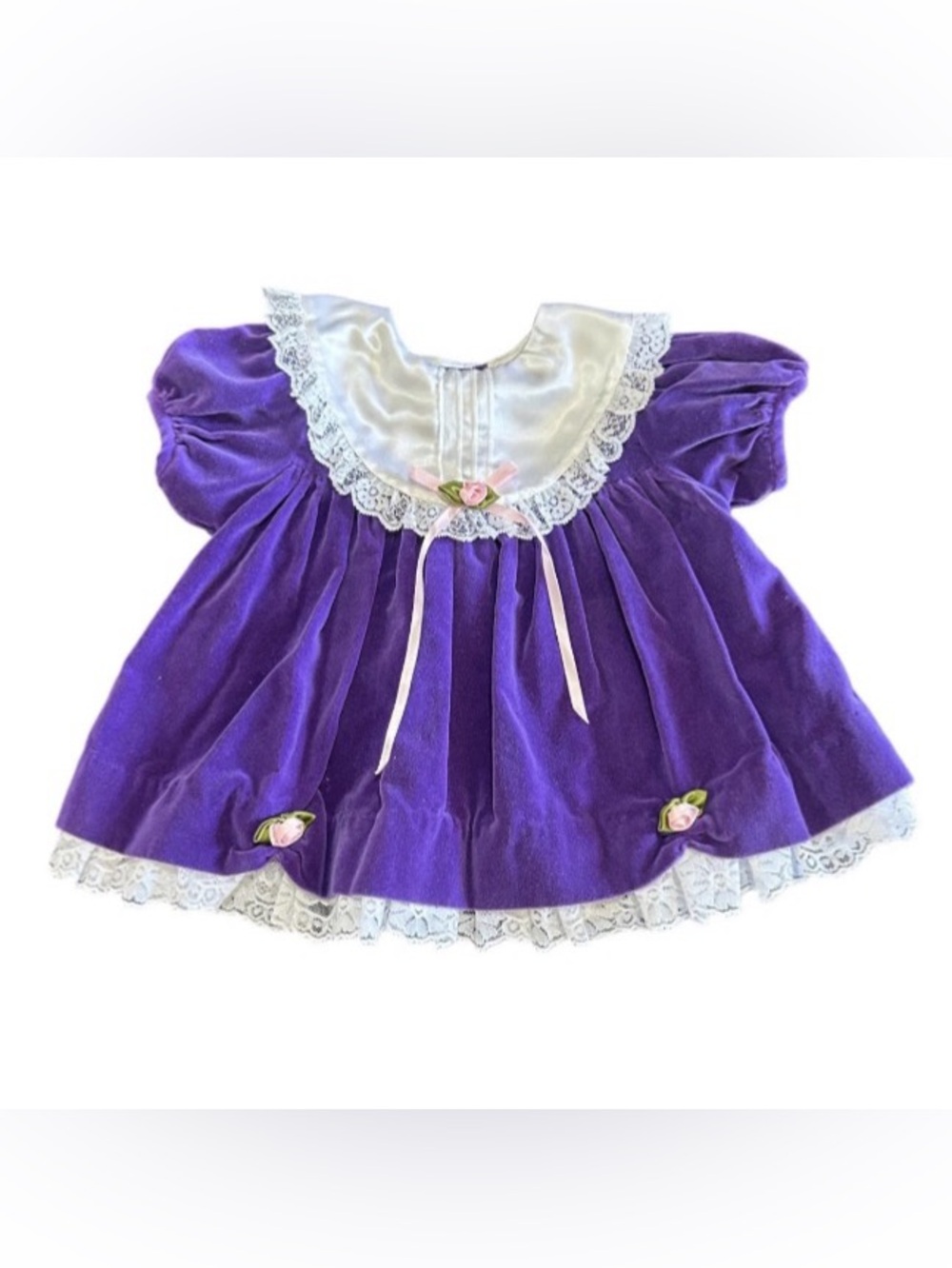 Vintage Purple Velvet Baby Dress 12 Mo White Lace Trimmed Collar Rose Appliques